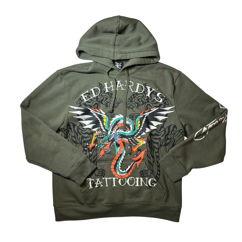 Ed Hardy Dragon Tiger‎ Tattoing Sweatshirt Hoodie Green Men's Large